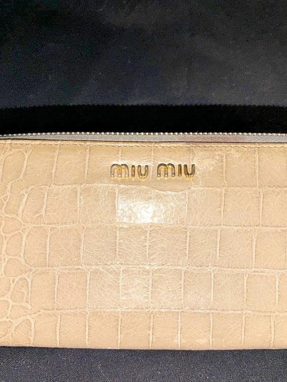 Miu Miu Croc-Embossed Patent Leather Zip-Around Wallet Beige & Gray